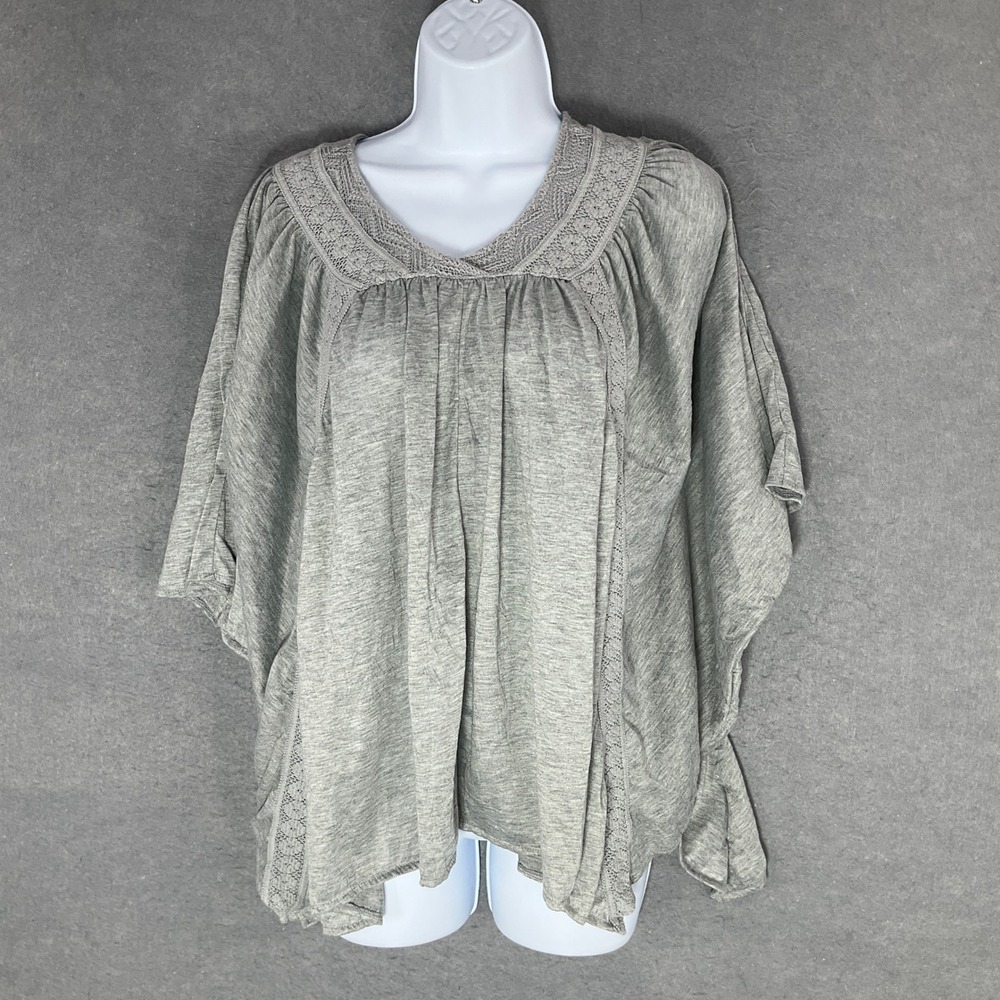 Sundance Top Sz S Gray Crochet Trim V-Neck Dolman Sleeve Oversized‎ Bohemian